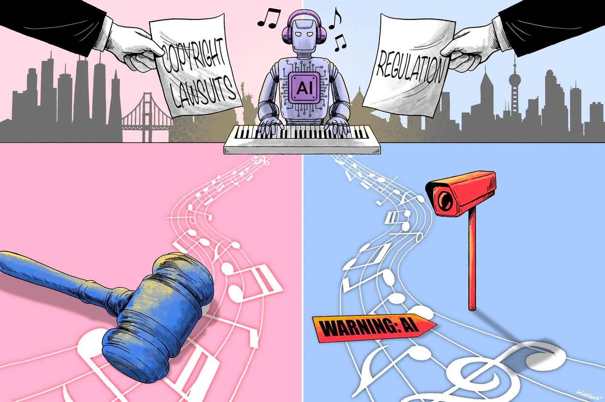 When it comes to regulating music generated by artificial intelligence (AI), China and the United States have taken very different approaches. Photo: SCMP Graphic