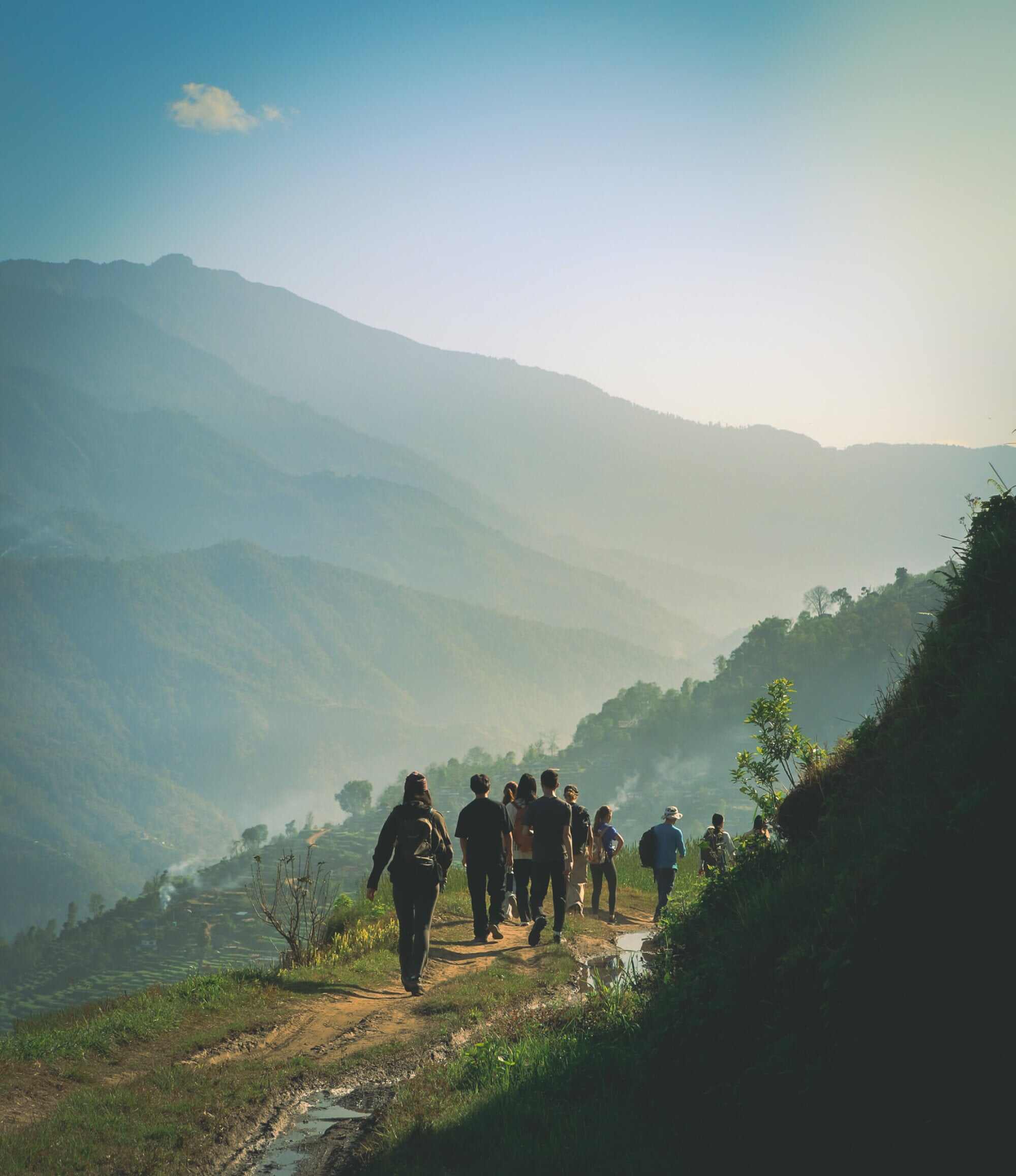Aaryav’s group on a hike through the serene mountains to reach the family’s home and their worksite. Photo: Aaryav Khaderia