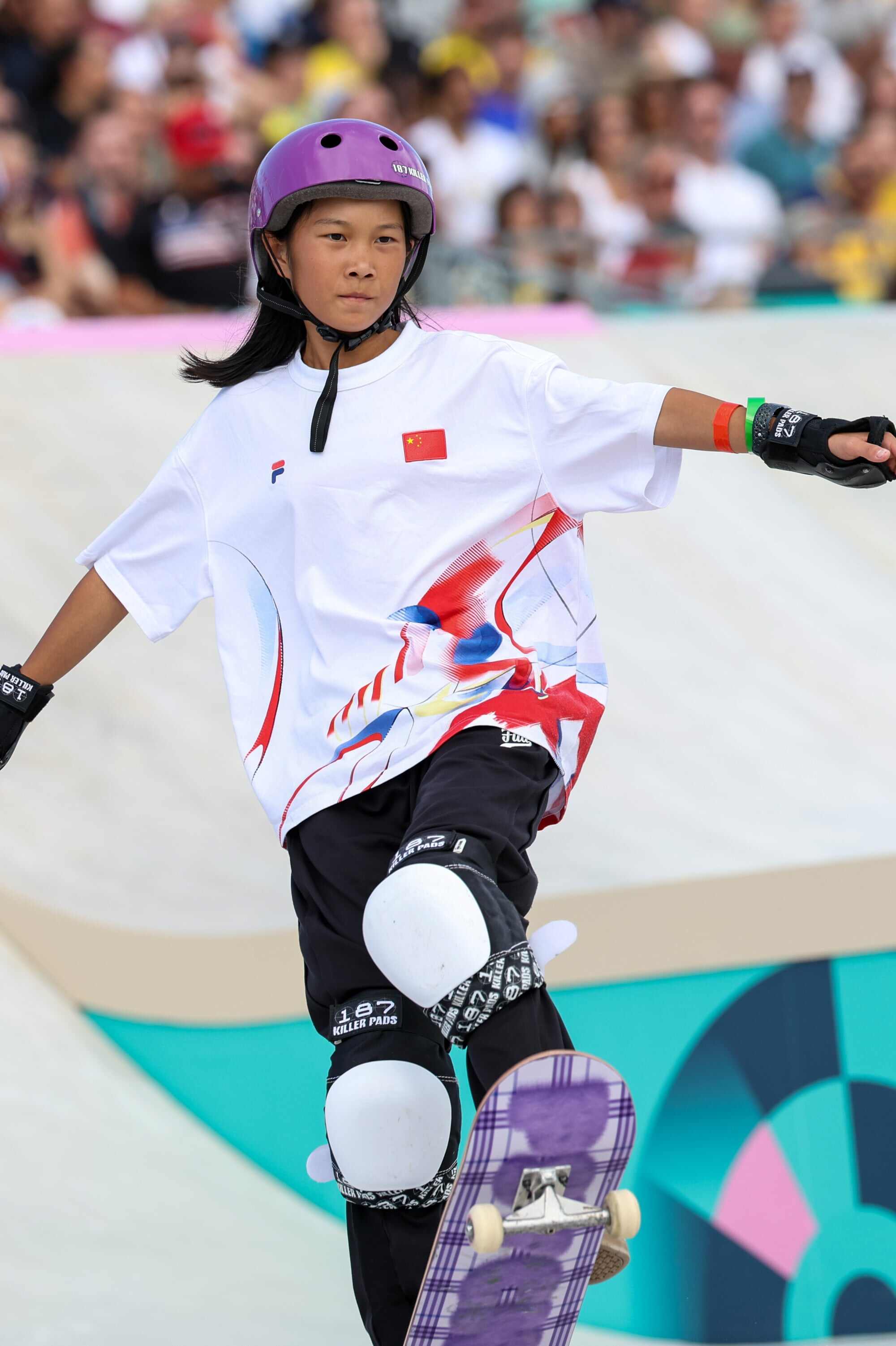 Cui Chenxi of China competes in the skateboarding women’s street final match at the Paris 2024 Olympic Games in Paris, France. Photo: Xinhua
