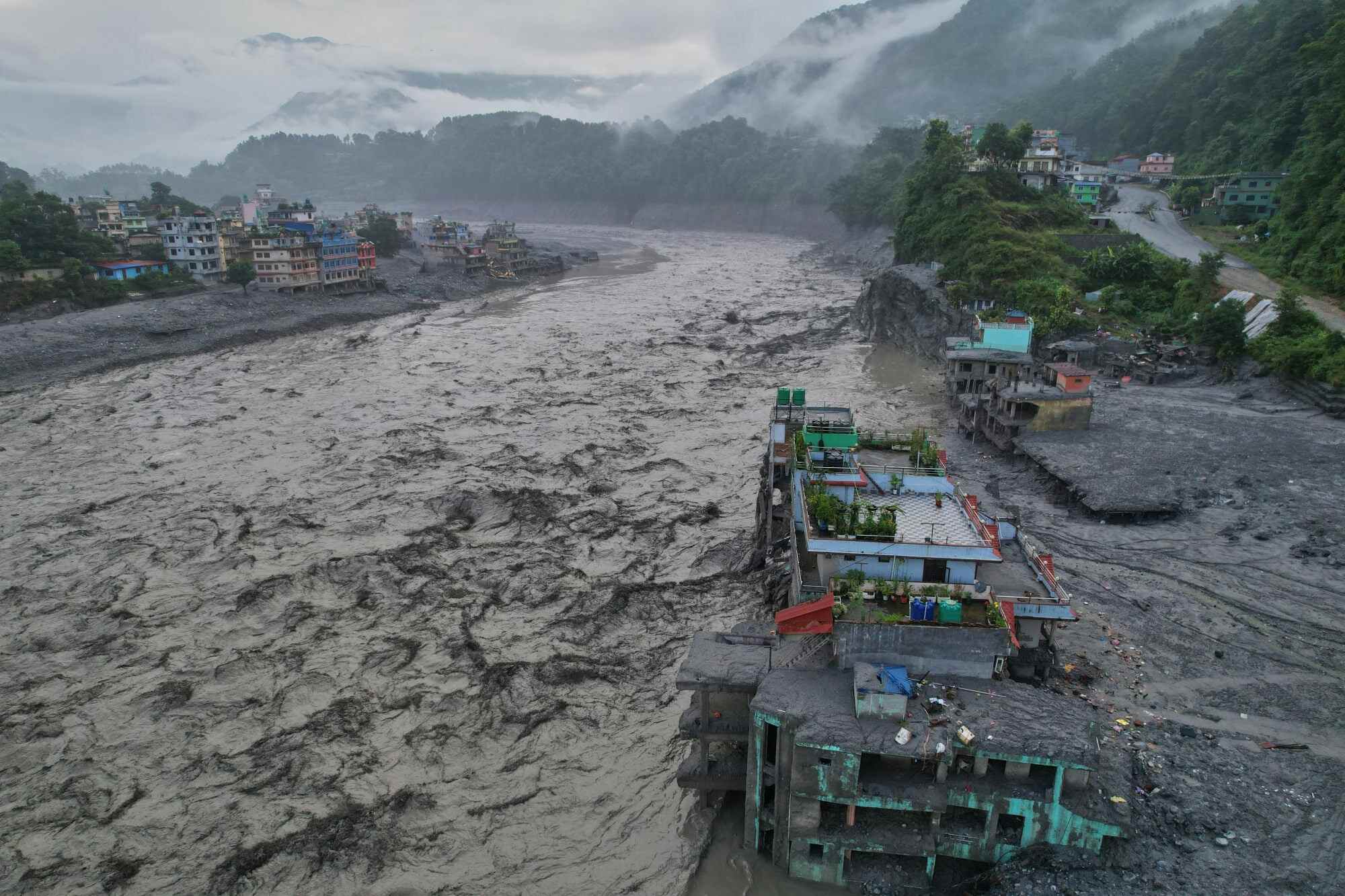 A drone view of the aftermath of flash flooding along the Trishuli River amid a freshwater surge warning in the Trishuli Bazaar area of Nuwakot District, Nepal. Photo: AP
